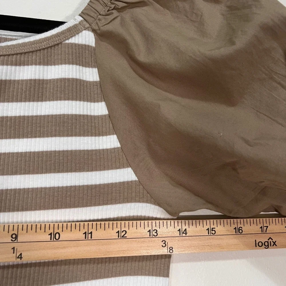 J.Crew Womens Tan White Striped Ribbed Puff Sleeve Mixed Media Top Small NEW